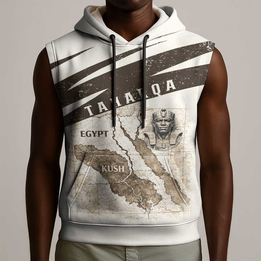 Taharqa Sleeveless Hoodie with Ancient Map Illustration, King of Two Lands Title and Kush Egypt Temple - Wonder Print Shop