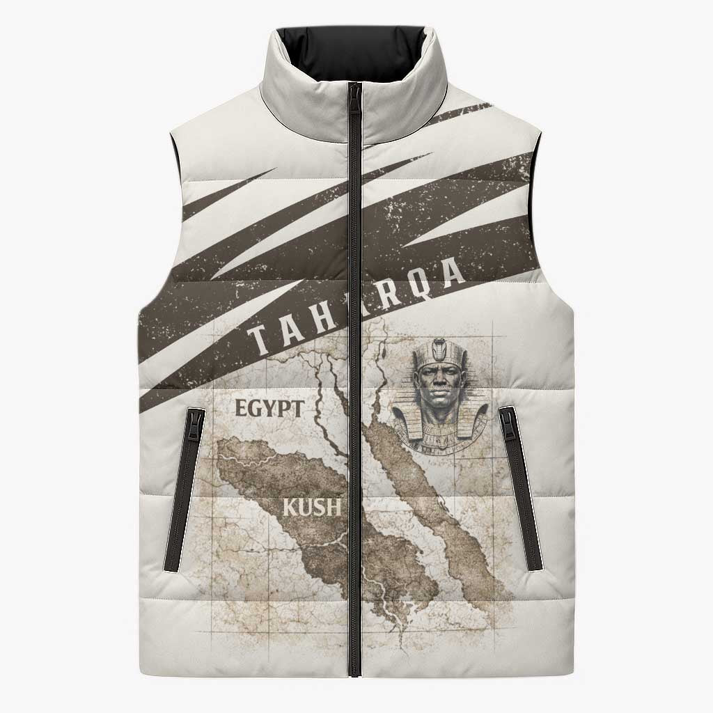 Taharqa Sleeveless Puffer Jacket with Ancient Map Illustration, King of Two Lands Title and Kush Egypt Temple - Wonder Print Shop