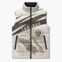 Taharqa Sleeveless Puffer Jacket with Ancient Map Illustration, King of Two Lands Title and Kush Egypt Temple - Wonder Print Shop