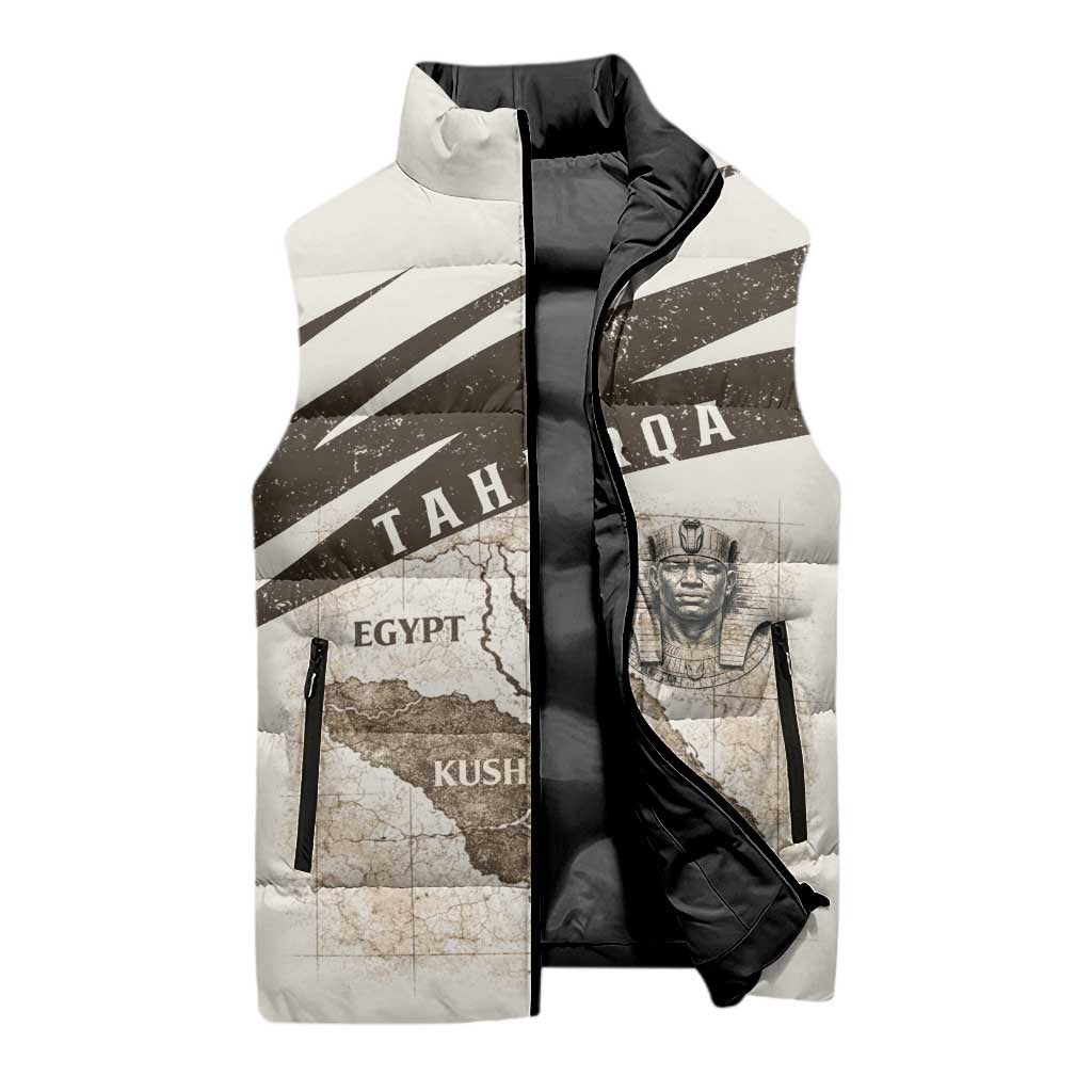 Taharqa Sleeveless Puffer Jacket with Ancient Map Illustration, King of Two Lands Title and Kush Egypt Temple - Wonder Print Shop