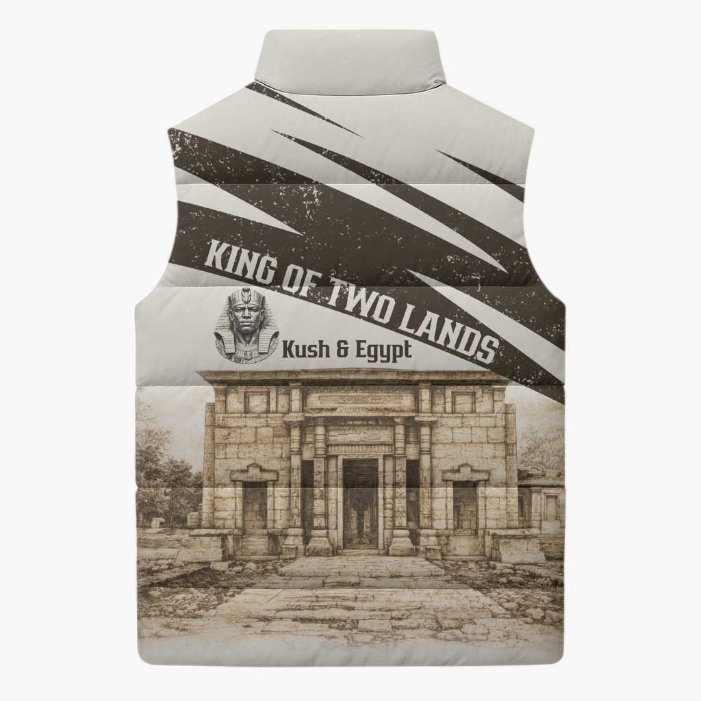 Taharqa Sleeveless Puffer Jacket with Ancient Map Illustration, King of Two Lands Title and Kush Egypt Temple - Wonder Print Shop