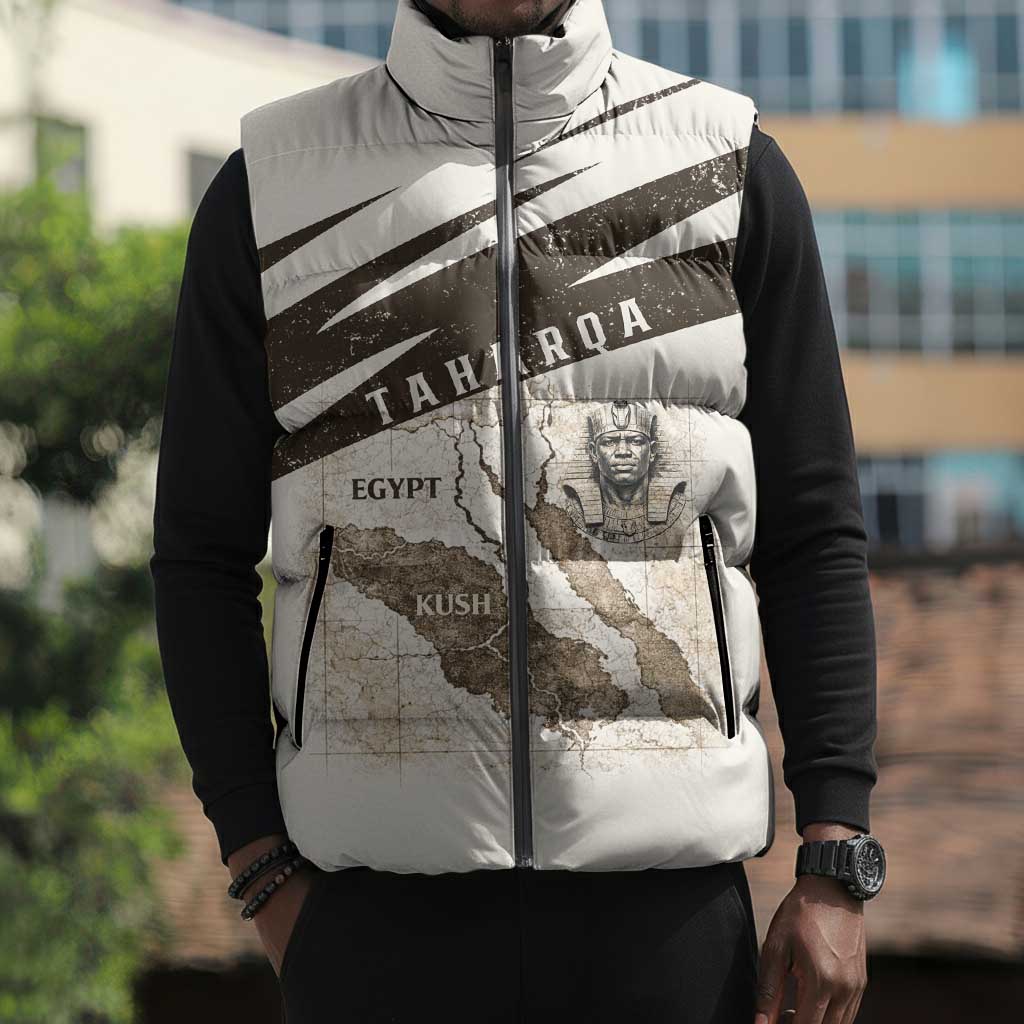 Taharqa Sleeveless Puffer Jacket with Ancient Map Illustration, King of Two Lands Title and Kush Egypt Temple - Wonder Print Shop