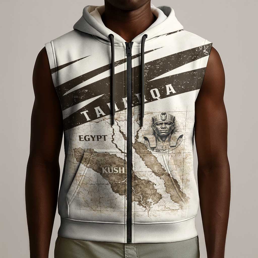 Taharqa Sleeveless Zip Hoodie with Ancient Map Illustration, King of Two Lands Title and Kush Egypt Temple - Wonder Print Shop