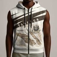 Taharqa Sleeveless Zip Hoodie with Ancient Map Illustration, King of Two Lands Title and Kush Egypt Temple - Wonder Print Shop