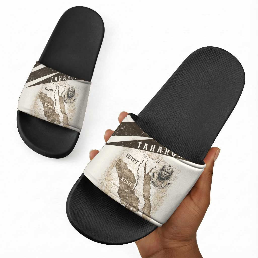 Taharqa Slide Sandals with Ancient Map Illustration, King of Two Lands Title and Kush Egypt Temple - Wonder Print Shop