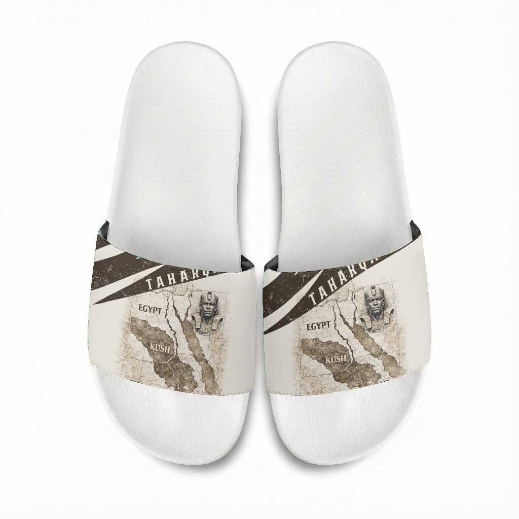 Taharqa Slide Sandals with Ancient Map Illustration, King of Two Lands Title and Kush Egypt Temple - Wonder Print Shop