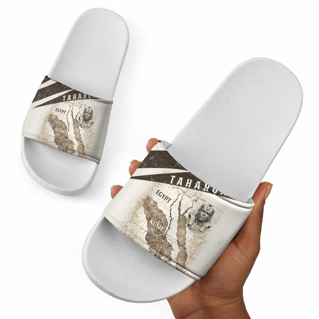 Taharqa Slide Sandals with Ancient Map Illustration, King of Two Lands Title and Kush Egypt Temple - Wonder Print Shop