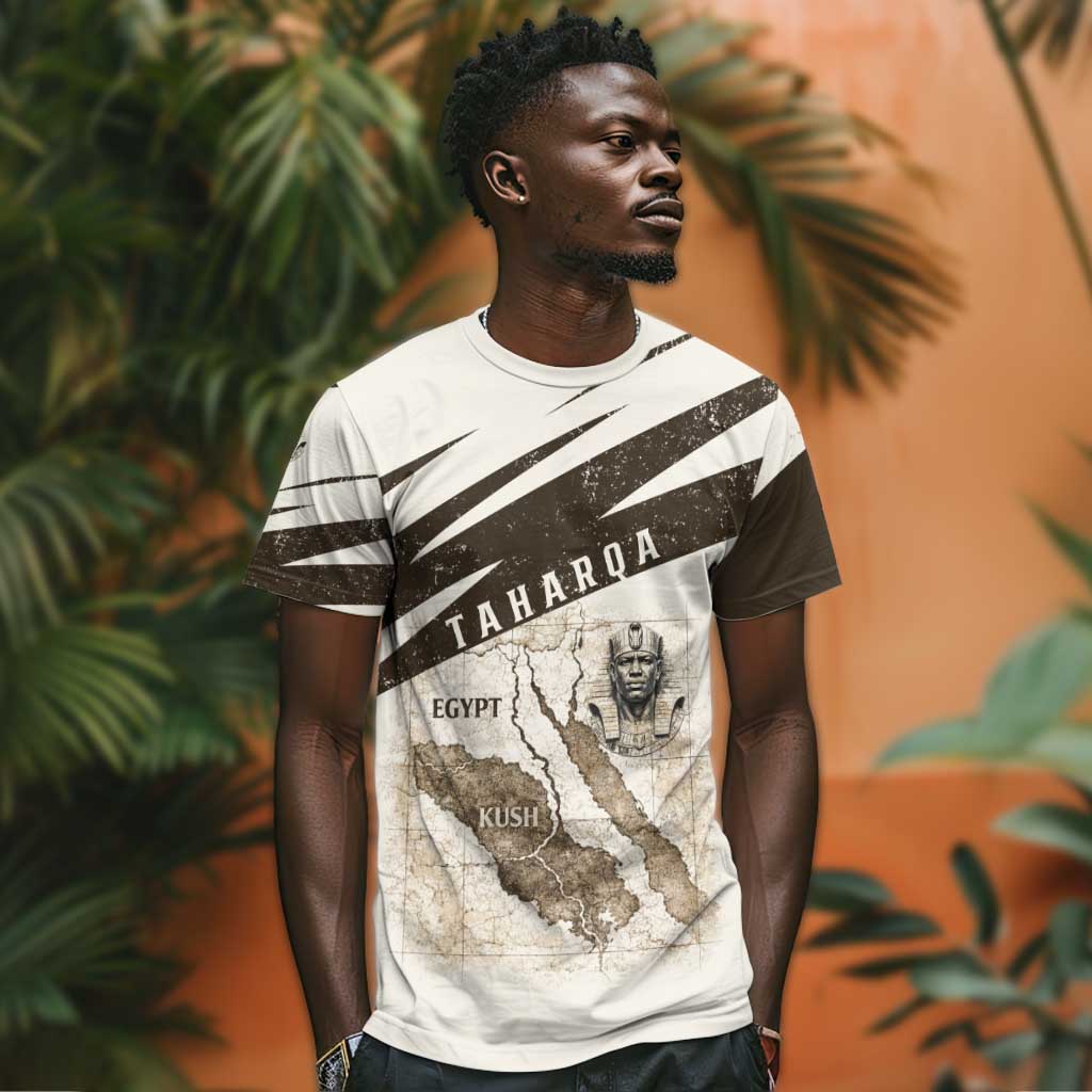 Taharqa T shirt with Ancient Map Illustration, King of Two Lands Title and Kush Egypt Temple - Wonder Print Shop