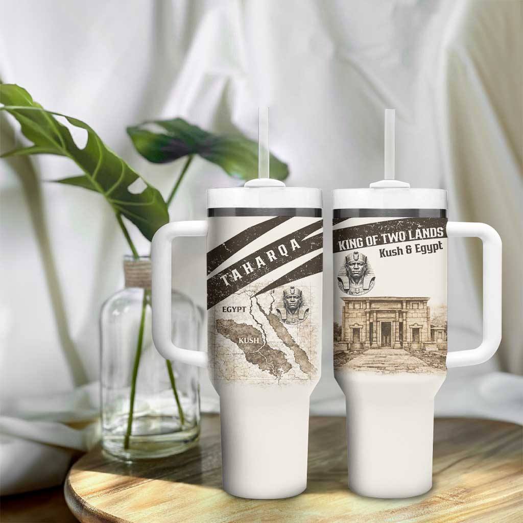 Taharqa Tumbler With Handle with Ancient Map Illustration, King of Two Lands Title and Kush Egypt Temple - Wonder Print Shop
