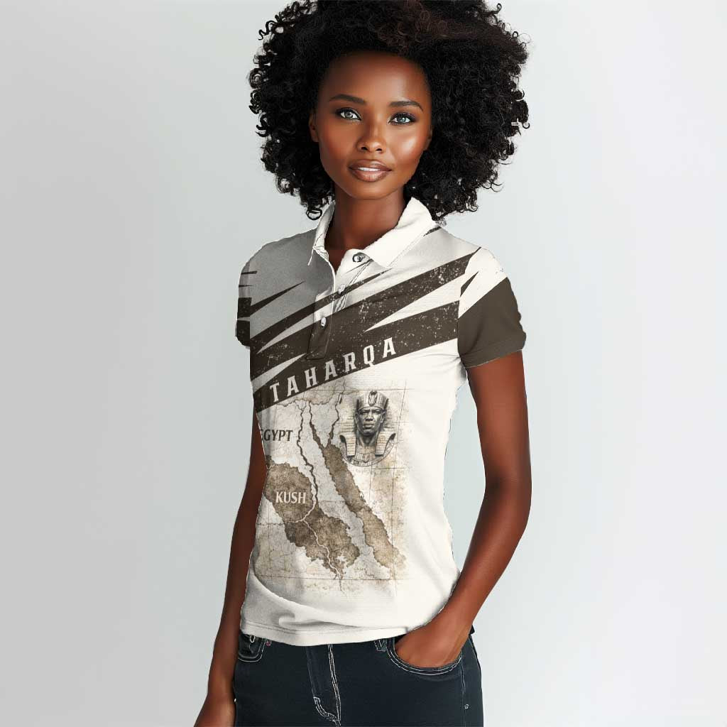 Taharqa Women Polo Shirt with Ancient Map Illustration, King of Two Lands Title and Kush Egypt Temple - Wonder Print Shop