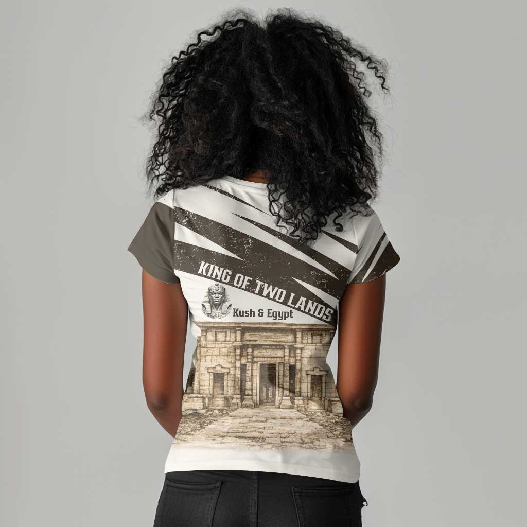 Taharqa Women V-Neck T-Shirt with Ancient Map Illustration, King of Two Lands Title and Kush Egypt Temple - Wonder Print Shop