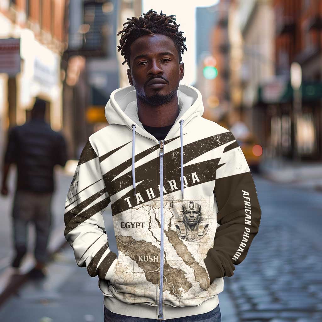 Taharqa Zip Hoodie with Ancient Map Illustration, King of Two Lands Title and Kush Egypt Temple - Wonder Print Shop