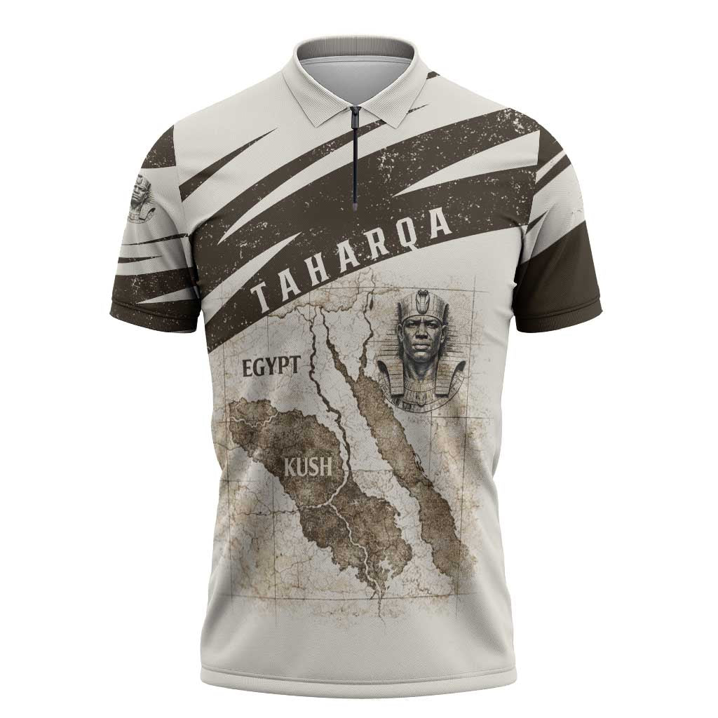 Taharqa Zipper Polo Shirt with Ancient Map Illustration, King of Two Lands Title and Kush Egypt Temple - Wonder Print Shop