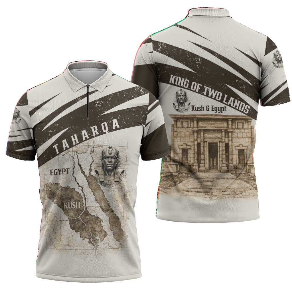 Taharqa Zipper Polo Shirt with Ancient Map Illustration, King of Two Lands Title and Kush Egypt Temple - Wonder Print Shop