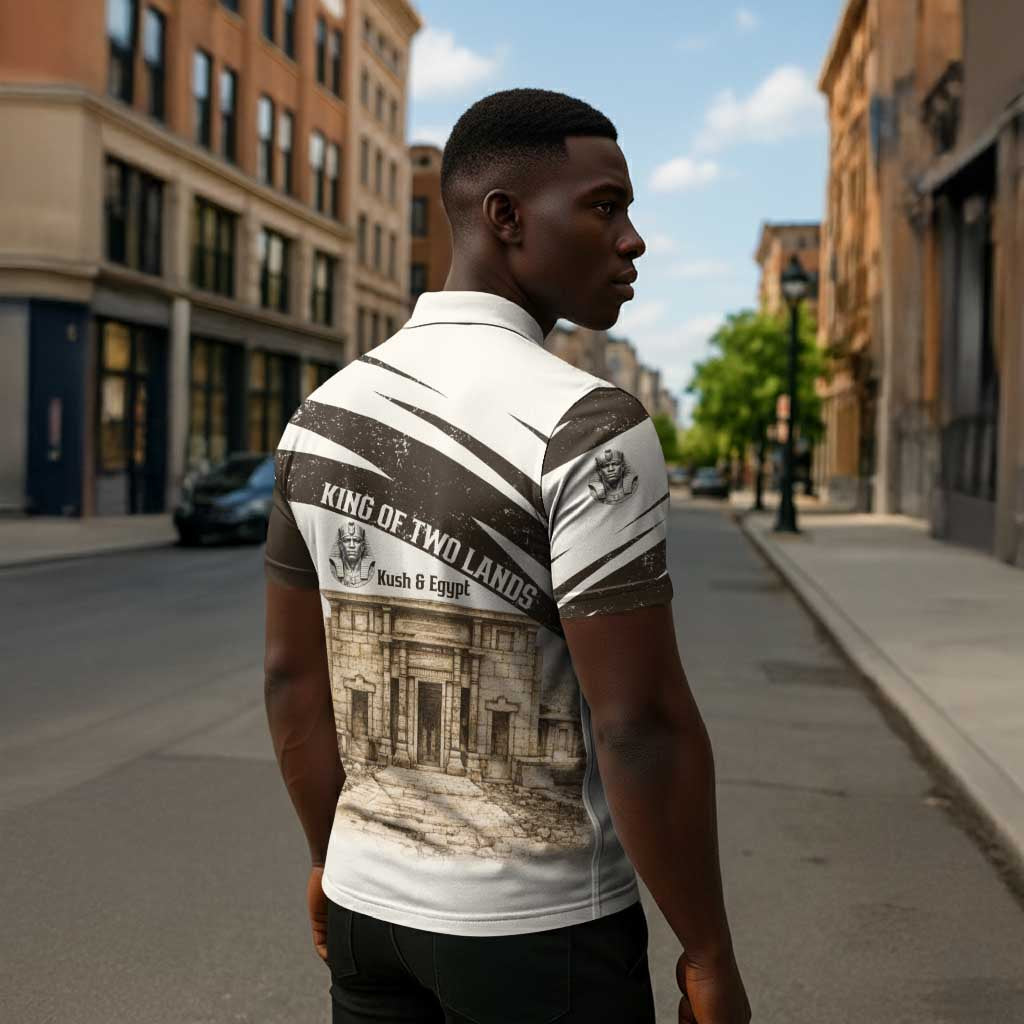 Taharqa Zipper Polo Shirt with Ancient Map Illustration, King of Two Lands Title and Kush Egypt Temple - Wonder Print Shop