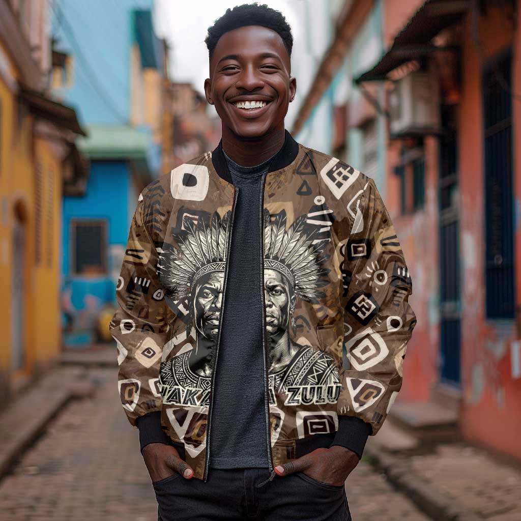 Shaka Zulu Bomber Jacket Monochrome Portrait Zulu Kingdom Heritage Unconquered Spirit Warrior Legacy Theme - Wonder Print Shop