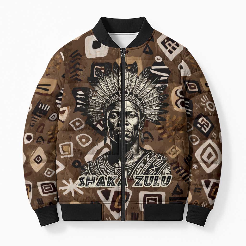 Shaka Zulu Bomber Puffer Jacket Monochrome Portrait Zulu Kingdom Heritage Unconquered Spirit Warrior Legacy Theme - Wonder Print Shop