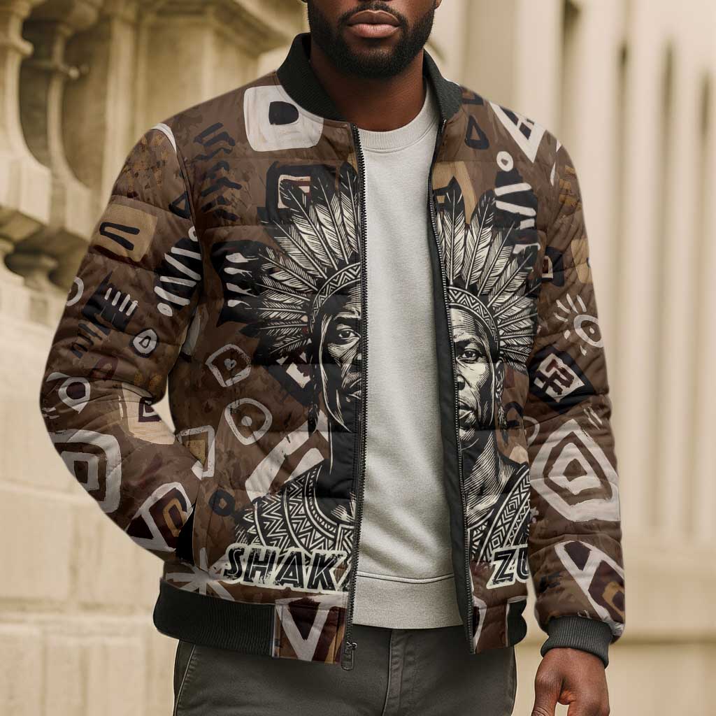 Shaka Zulu Bomber Puffer Jacket Monochrome Portrait Zulu Kingdom Heritage Unconquered Spirit Warrior Legacy Theme - Wonder Print Shop