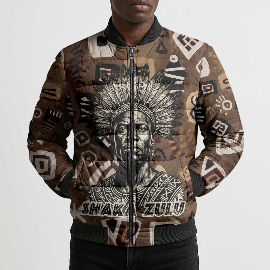 Shaka Zulu Bomber Puffer Jacket Monochrome Portrait Zulu Kingdom Heritage Unconquered Spirit Warrior Legacy Theme - Wonder Print Shop