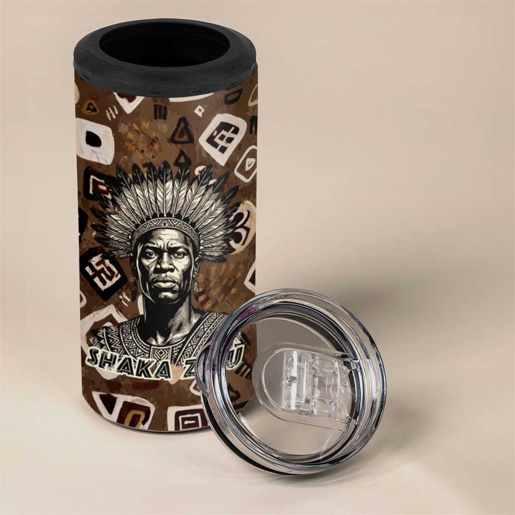 Shaka Zulu 4 in 1 Can Cooler Tumbler Monochrome Portrait Zulu Kingdom Heritage Unconquered Spirit Warrior Legacy Theme - Wonder Print Shop