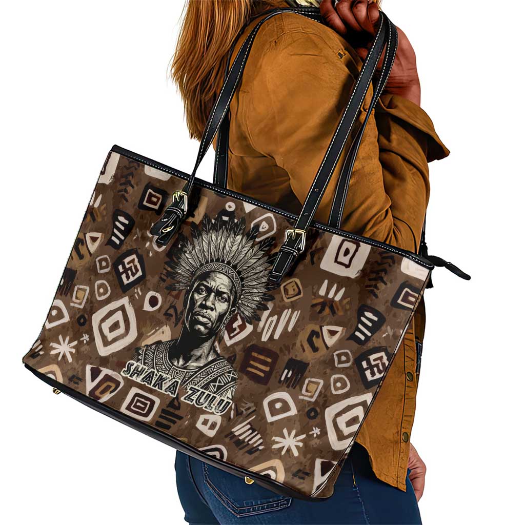 Shaka Zulu Leather Tote Bag Monochrome Portrait Zulu Kingdom Heritage Unconquered Spirit Warrior Legacy Theme - Wonder Print Shop