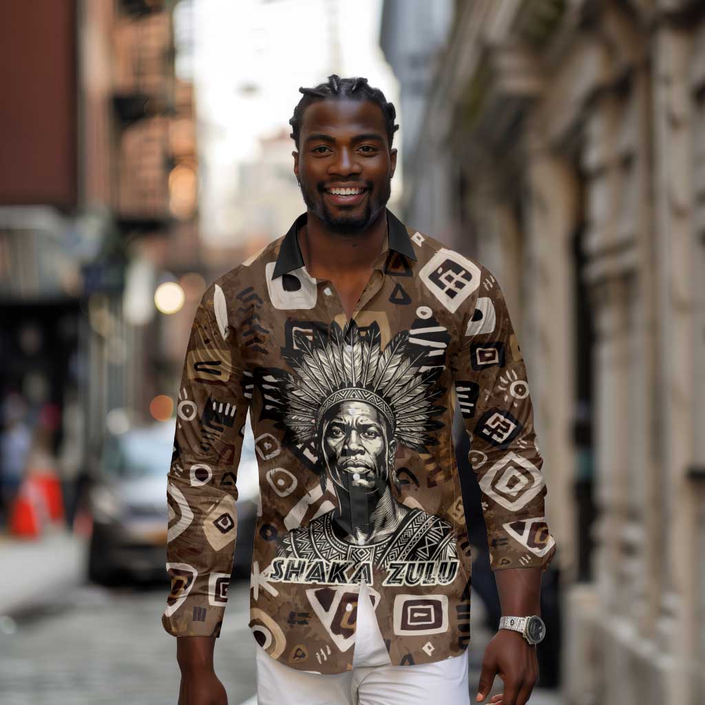 Shaka Zulu Long Sleeve Button Shirt Monochrome Portrait Zulu Kingdom Heritage Unconquered Spirit Warrior Legacy Theme - Wonder Print Shop