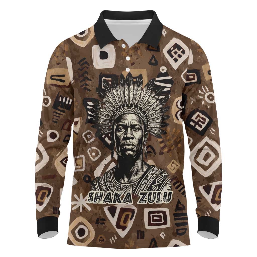 Shaka Zulu Long Sleeve Polo Shirt Monochrome Portrait Zulu Kingdom Heritage Unconquered Spirit Warrior Legacy Theme - Wonder Print Shop