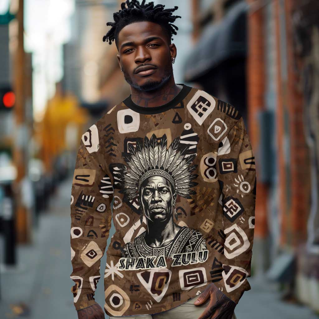 Shaka Zulu Long Sleeve Shirt Monochrome Portrait Zulu Kingdom Heritage Unconquered Spirit Warrior Legacy Theme - Wonder Print Shop