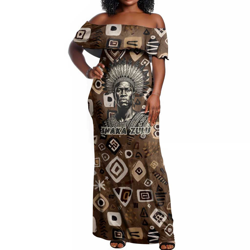 Shaka Zulu Off Shoulder Maxi Dress Monochrome Portrait Zulu Kingdom Heritage Unconquered Spirit Warrior Legacy Theme - Wonder Print Shop