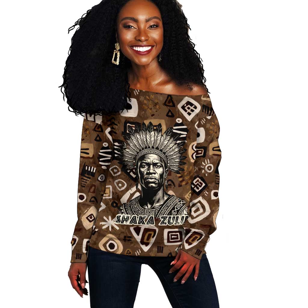 Shaka Zulu Off Shoulder Sweater Monochrome Portrait Zulu Kingdom Heritage Unconquered Spirit Warrior Legacy Theme - Wonder Print Shop
