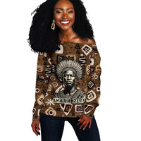 Shaka Zulu Off Shoulder Sweater Monochrome Portrait Zulu Kingdom Heritage Unconquered Spirit Warrior Legacy Theme - Wonder Print Shop