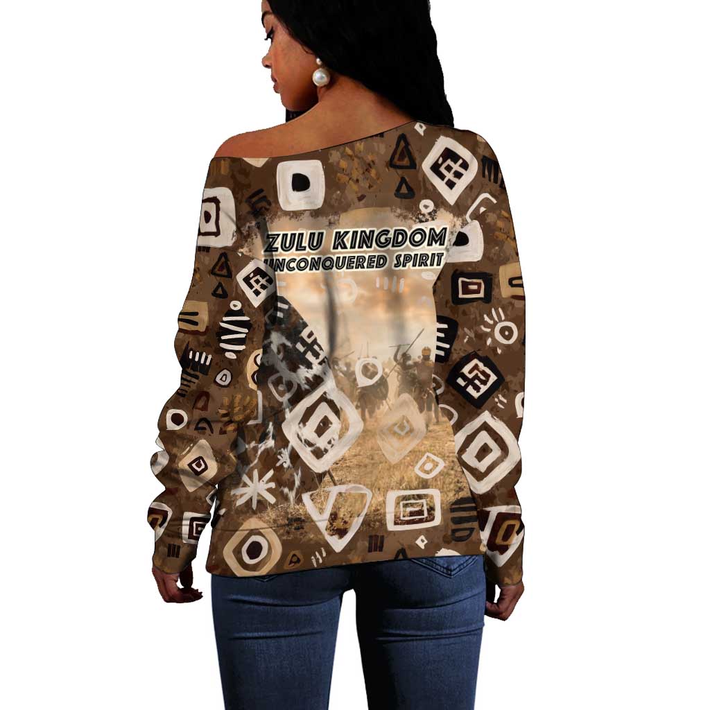 Shaka Zulu Off Shoulder Sweater Monochrome Portrait Zulu Kingdom Heritage Unconquered Spirit Warrior Legacy Theme - Wonder Print Shop