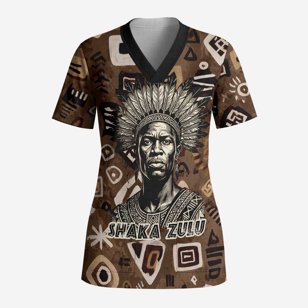 Shaka Zulu Scrub Top Monochrome Portrait Zulu Kingdom Heritage Unconquered Spirit Warrior Legacy Theme - Wonder Print Shop