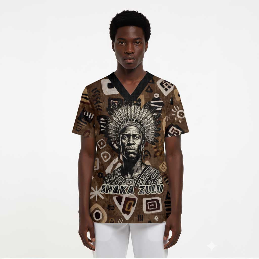 Shaka Zulu Scrub Top Monochrome Portrait Zulu Kingdom Heritage Unconquered Spirit Warrior Legacy Theme - Wonder Print Shop
