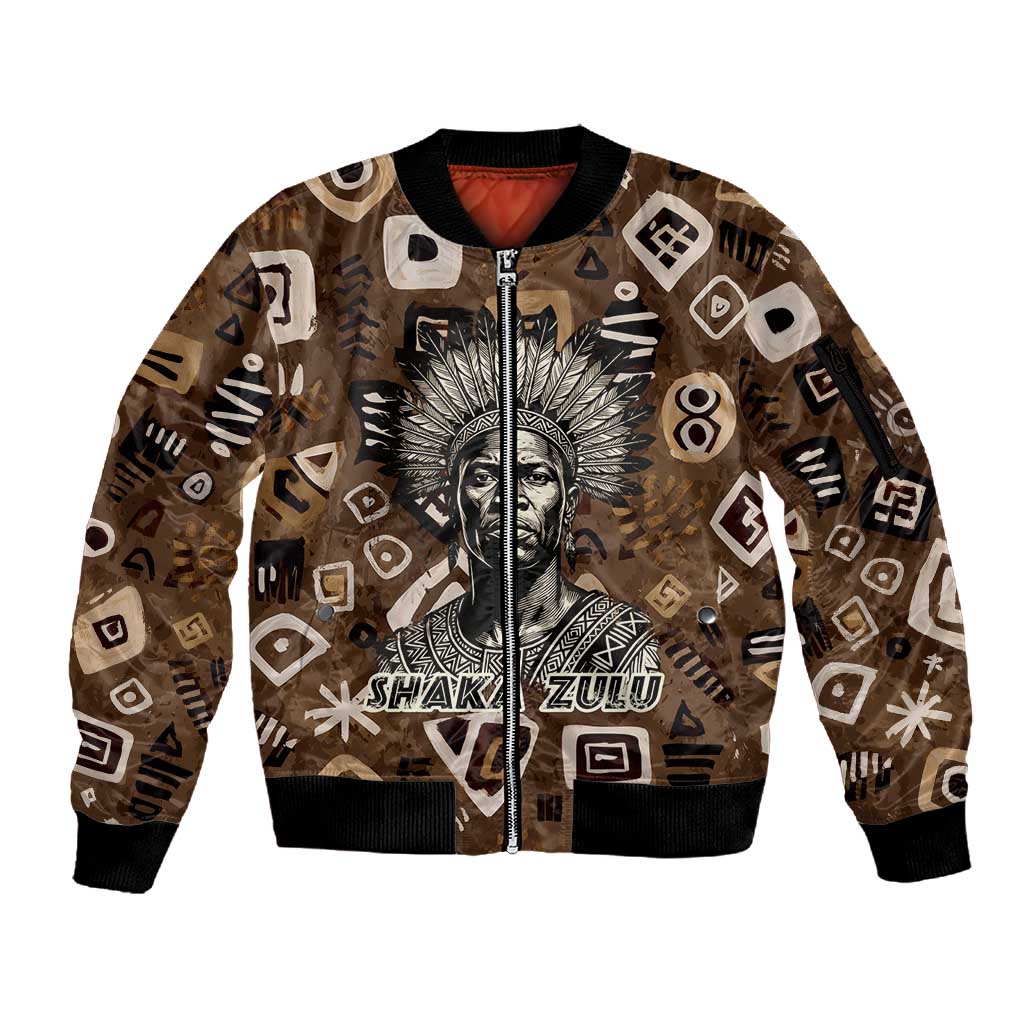 Shaka Zulu Sleeve Zip Bomber Jacket Monochrome Portrait Zulu Kingdom Heritage Unconquered Spirit Warrior Legacy Theme - Wonder Print Shop