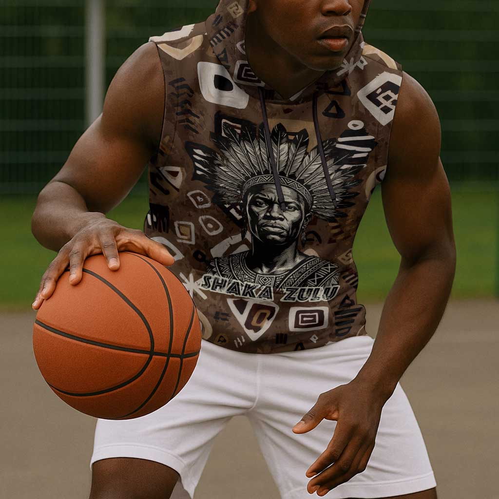 Shaka Zulu Sleeveless Hoodie Monochrome Portrait Zulu Kingdom Heritage Unconquered Spirit Warrior Legacy Theme - Wonder Print Shop