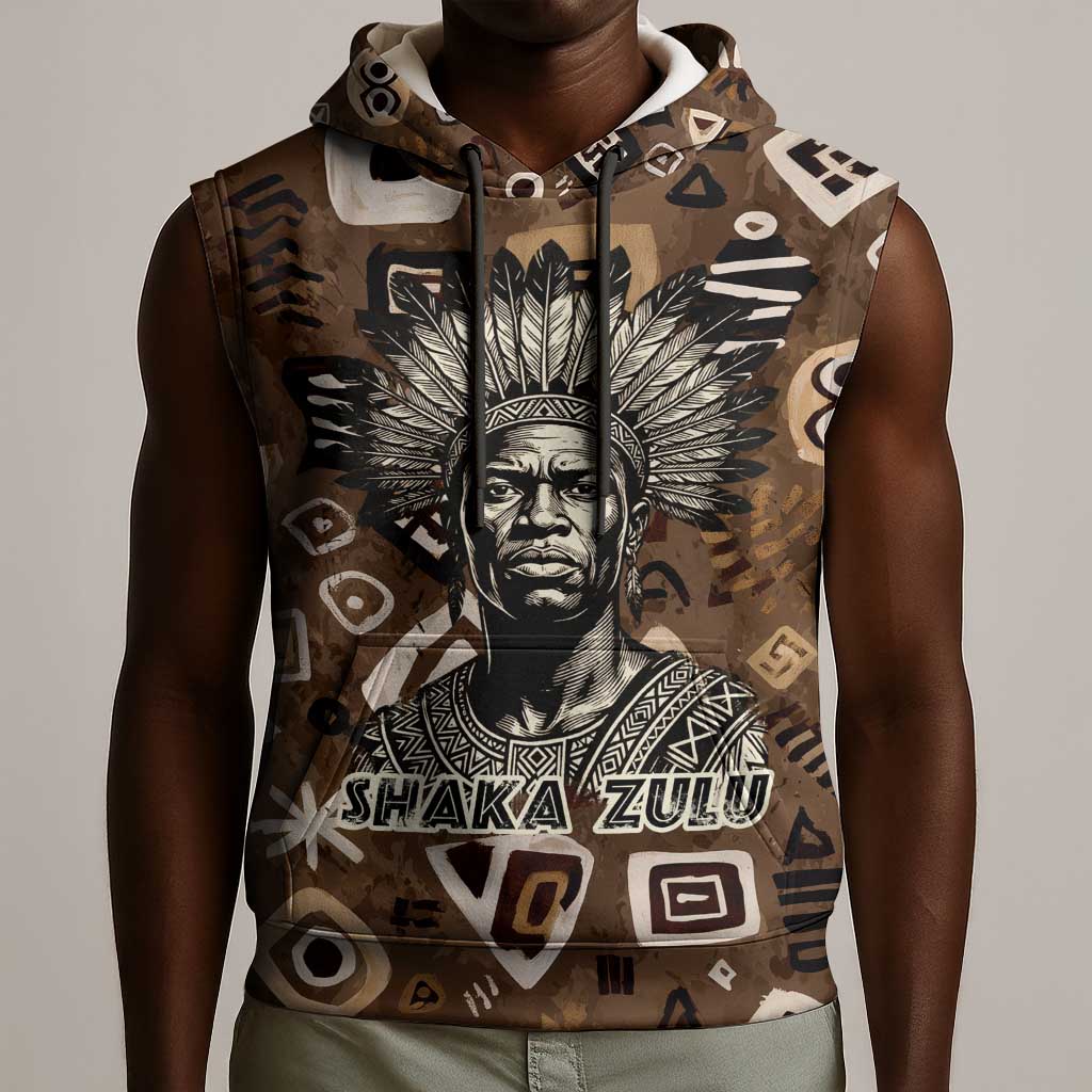 Shaka Zulu Sleeveless Hoodie Monochrome Portrait Zulu Kingdom Heritage Unconquered Spirit Warrior Legacy Theme - Wonder Print Shop