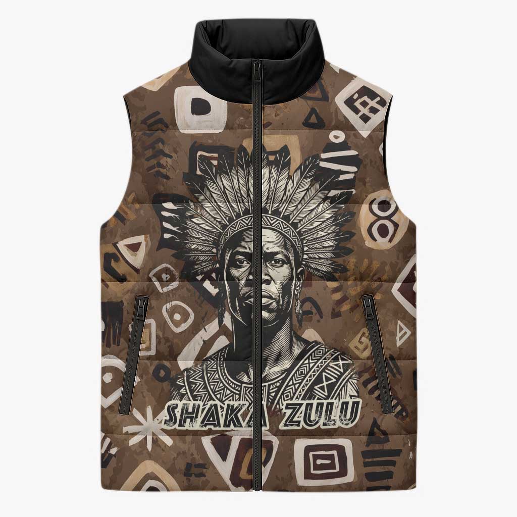 Shaka Zulu Sleeveless Puffer Jacket Monochrome Portrait Zulu Kingdom Heritage Unconquered Spirit Warrior Legacy Theme - Wonder Print Shop