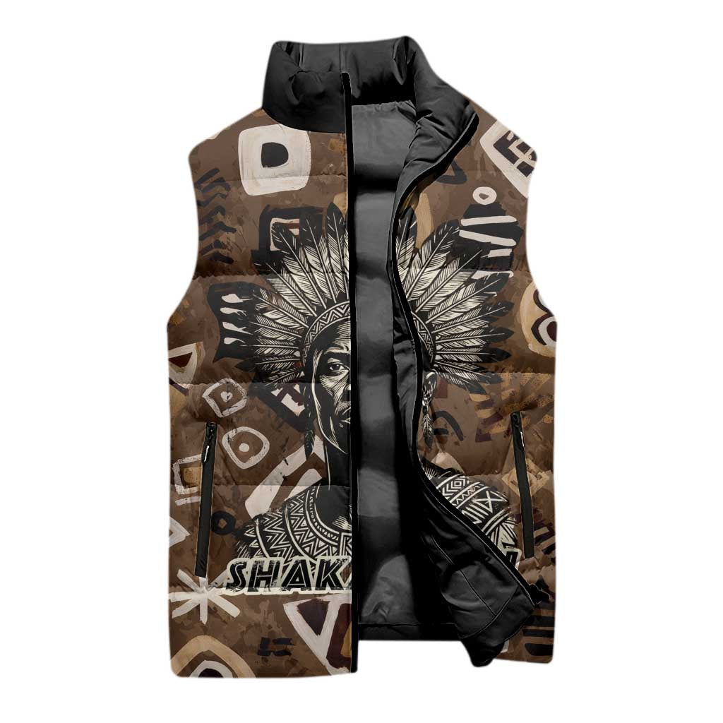 Shaka Zulu Sleeveless Puffer Jacket Monochrome Portrait Zulu Kingdom Heritage Unconquered Spirit Warrior Legacy Theme - Wonder Print Shop