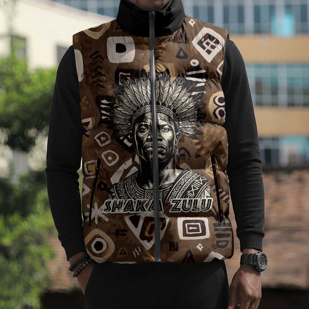 Shaka Zulu Sleeveless Puffer Jacket Monochrome Portrait Zulu Kingdom Heritage Unconquered Spirit Warrior Legacy Theme - Wonder Print Shop