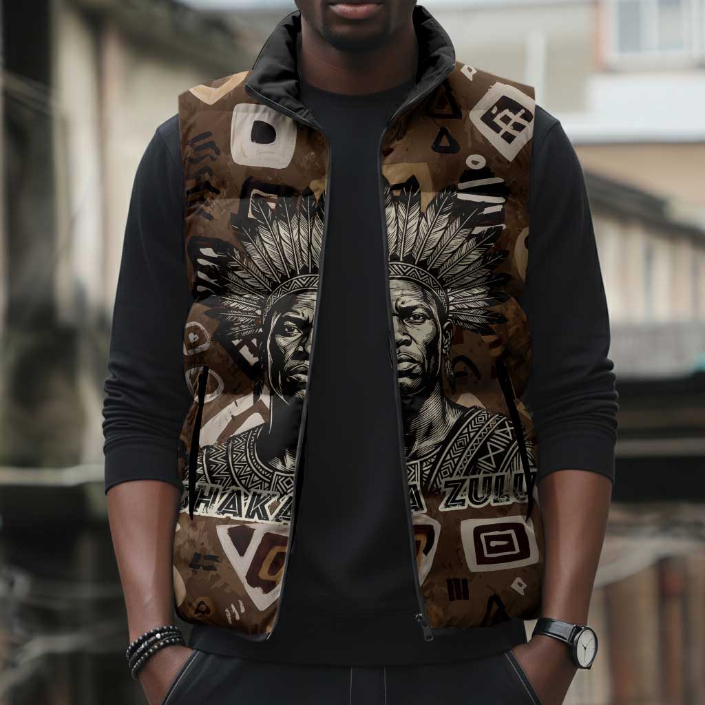 Shaka Zulu Sleeveless Puffer Jacket Monochrome Portrait Zulu Kingdom Heritage Unconquered Spirit Warrior Legacy Theme - Wonder Print Shop