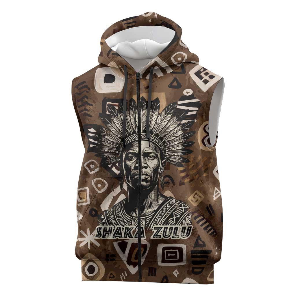 Shaka Zulu Sleeveless Zip Hoodie Monochrome Portrait Zulu Kingdom Heritage Unconquered Spirit Warrior Legacy Theme - Wonder Print Shop