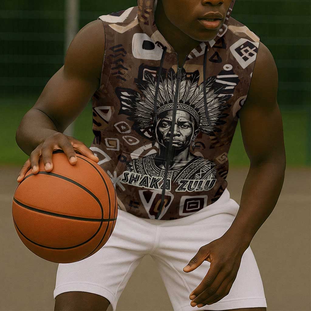 Shaka Zulu Sleeveless Zip Hoodie Monochrome Portrait Zulu Kingdom Heritage Unconquered Spirit Warrior Legacy Theme - Wonder Print Shop