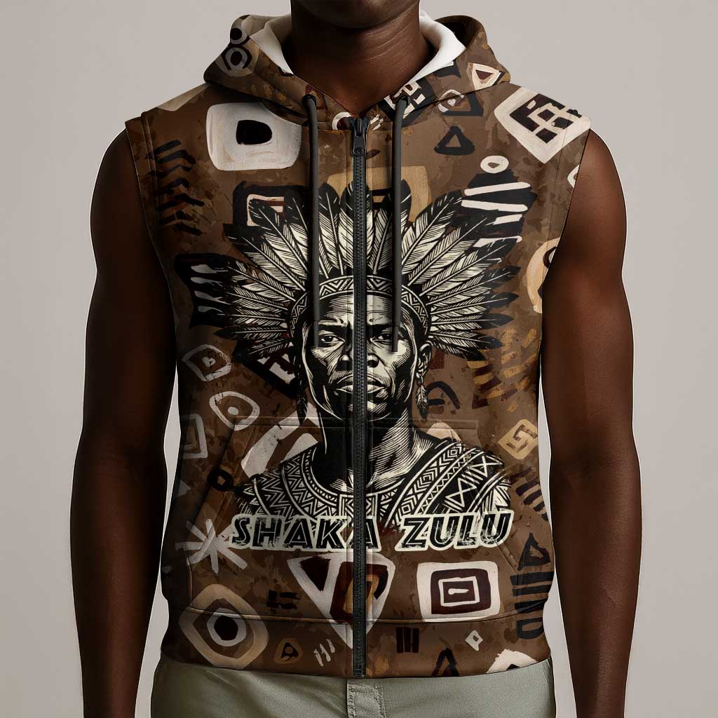 Shaka Zulu Sleeveless Zip Hoodie Monochrome Portrait Zulu Kingdom Heritage Unconquered Spirit Warrior Legacy Theme - Wonder Print Shop