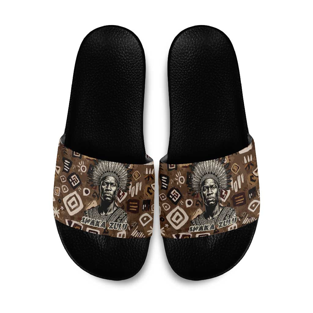 Shaka Zulu Slide Sandals Monochrome Portrait Zulu Kingdom Heritage Unconquered Spirit Warrior Legacy Theme - Wonder Print Shop