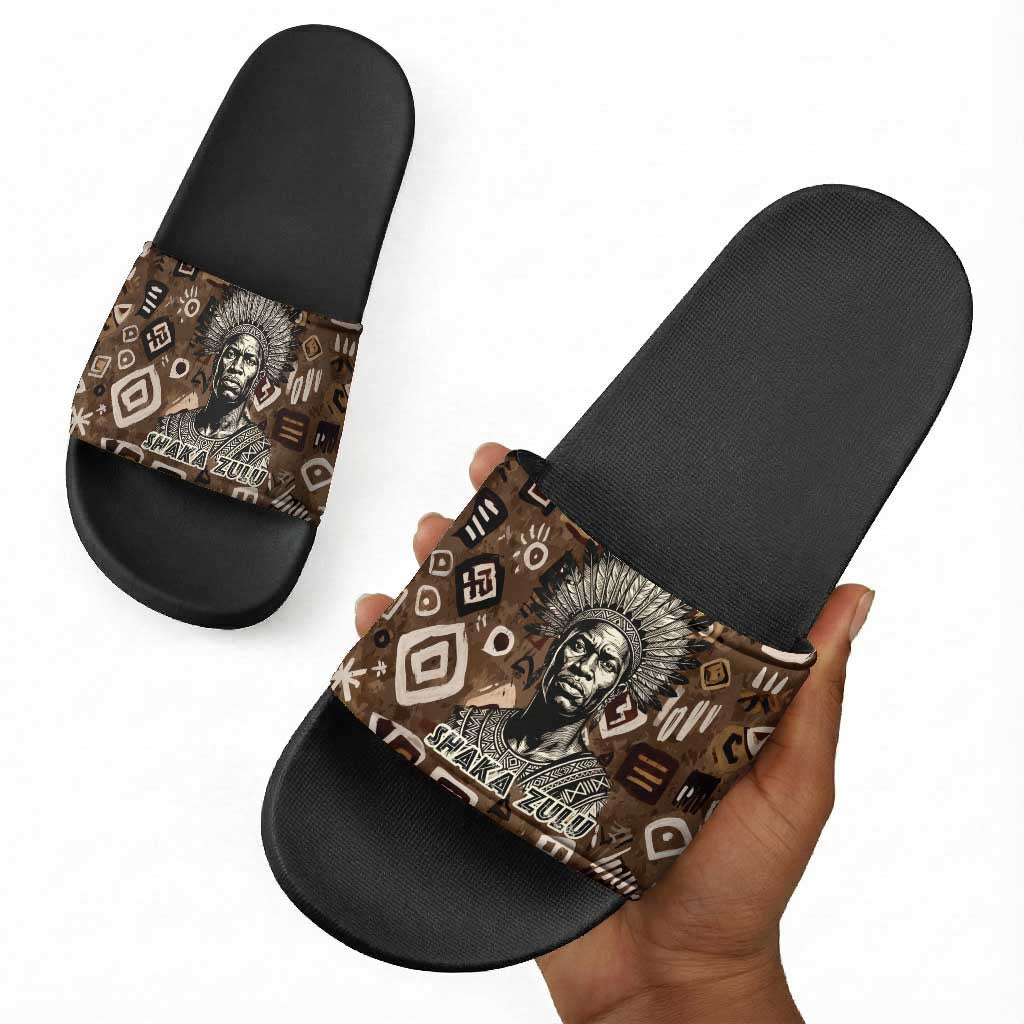 Shaka Zulu Slide Sandals Monochrome Portrait Zulu Kingdom Heritage Unconquered Spirit Warrior Legacy Theme - Wonder Print Shop