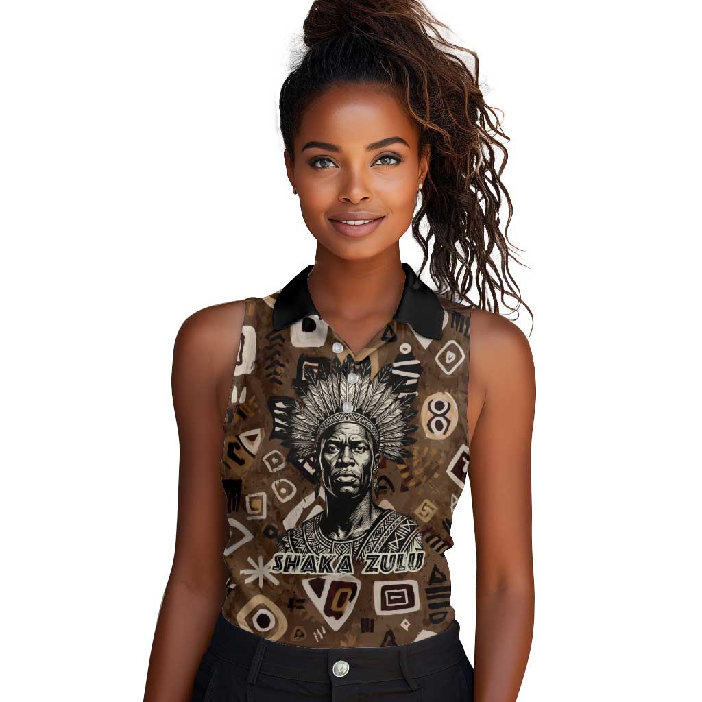 Shaka Zulu Women Sleeveless Polo Shirt Monochrome Portrait Zulu Kingdom Heritage Unconquered Spirit Warrior Legacy Theme - Wonder Print Shop
