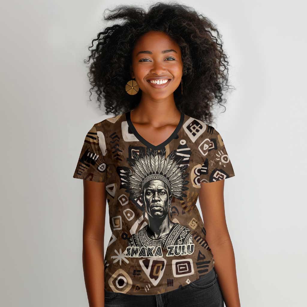 Shaka Zulu Women V-Neck T-Shirt Monochrome Portrait Zulu Kingdom Heritage Unconquered Spirit Warrior Legacy Theme - Wonder Print Shop