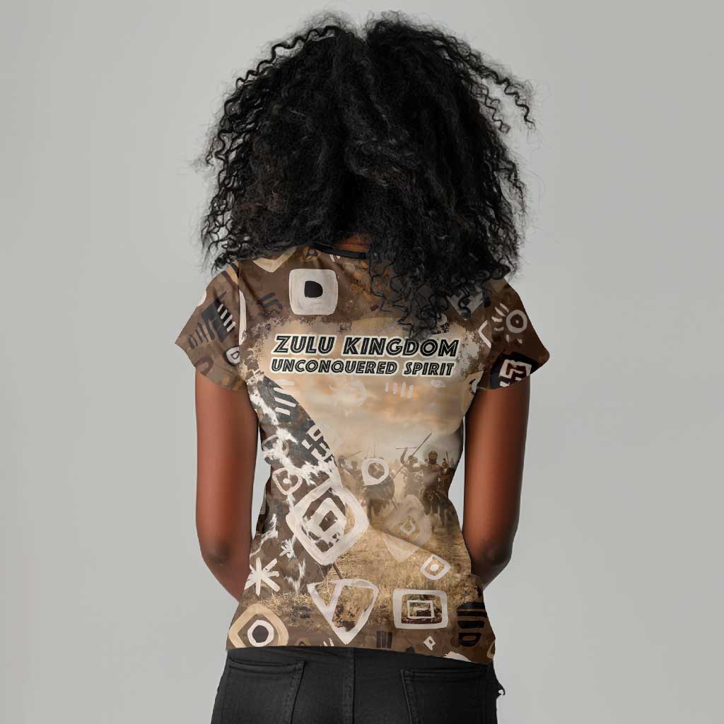 Shaka Zulu Women V-Neck T-Shirt Monochrome Portrait Zulu Kingdom Heritage Unconquered Spirit Warrior Legacy Theme - Wonder Print Shop