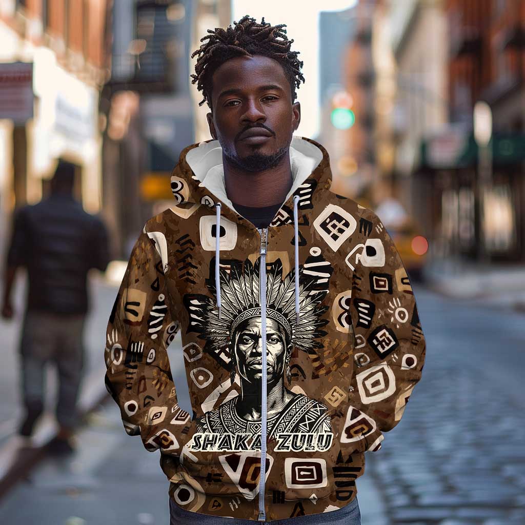 Shaka Zulu Zip Hoodie Monochrome Portrait Zulu Kingdom Heritage Unconquered Spirit Warrior Legacy Theme - Wonder Print Shop